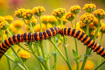 Naklejka premium Minimalist Cinnabar Moth Caterpillars Feasting on Ragwort