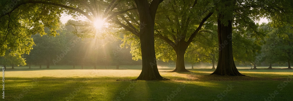 Poster soft sunlight breaks through the leaves of towering trees in a tranquil park. the grassy area is bat