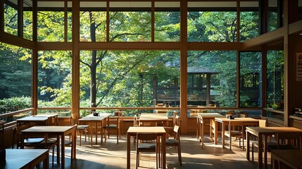 Fototapeta premium Sunlit Restaurant Interior with Wooden Tables and Green Tree Views