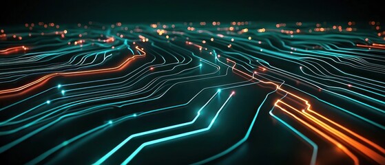 Abstract Digital Network with Glowing Teal and Orange Lines