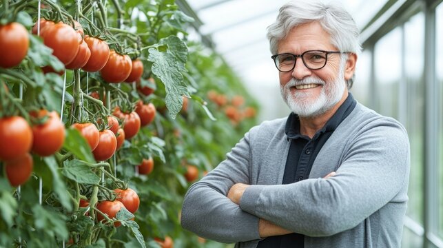 Smiling farmer in greenhouse, surrounded by tomatoes