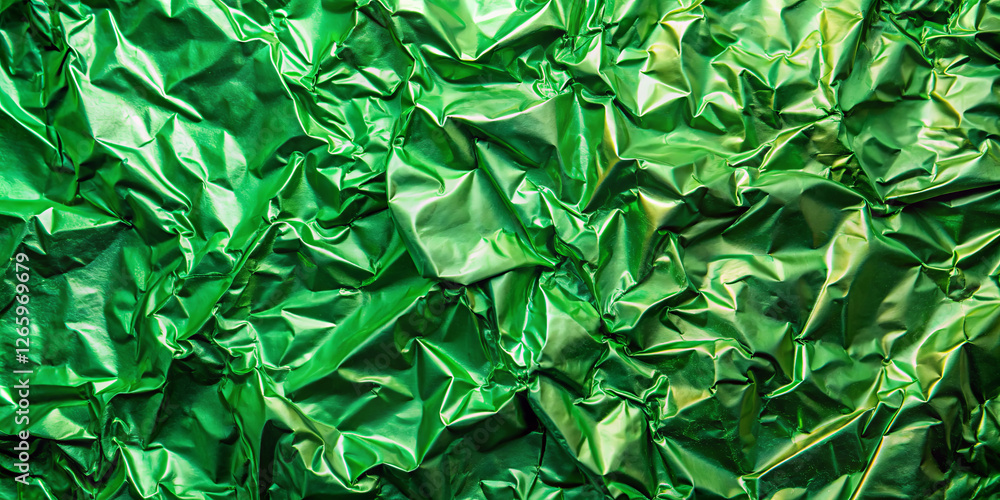 Poster the surface features a vibrant green metallic texture with numerous crinkles and folds, creating an 