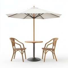 Cafe Table Setup with Chair and Parasol Umbrella Isolated on White Background for Restaurant Branding Concepts