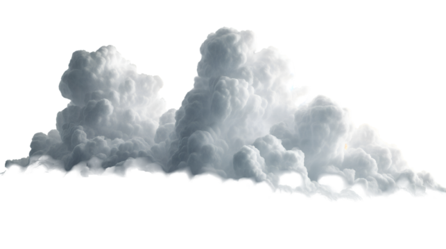 Majestic Cumulus Clouds Dramatic Aerial Sky View, Gray and White Cloudscape, isolated on transparent background.