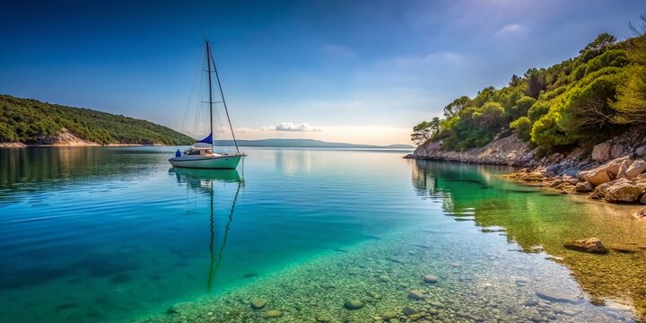 Minimalist Cres Island Beach: Adriatic Sea Sailing Boat, Valun Village View
