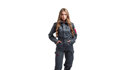 Stylish Workwear Jumpsuit Professional Female Model, Grey Industrial Fashion for Design Themes, isolated on transparent background.
