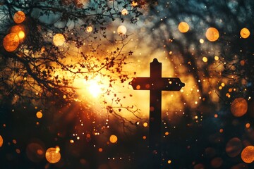 cross silhouette against the backdrop of an Easter sunrise, symbolizing hope and renewal in Jesus Christ's Resurrection as they radiate with divine light. 