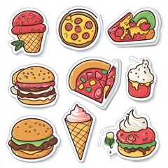 Playful food stickers featuring colorful pizza slices and tasty treats on a bright background for fun decoration. Generative AI