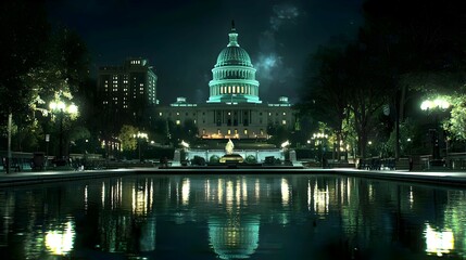 Obraz premium Night View of Illuminated City Building with Water Reflection