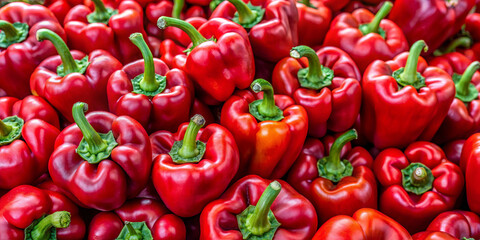 Freshly harvested red bell peppers are arranged neatly at a local market. Shoppers can be seen admiring the colorful produce in full view