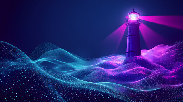 A futuristic lighthouse emits a holographic light, guiding through digital waves in a dark, cool-toned environment, symbolizing technological guidance and safety. Holographic Ocean Waves. Illustration