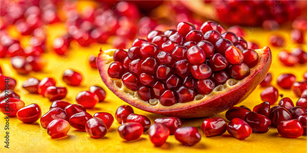 Poster a halved pomegranate displays its juicy red seeds, surrounded by an array of whole seeds on a bright