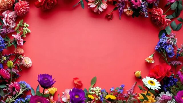 Summer floral frame with colorful flowers on red background. Copy space for text. Valentine's or Mother's Day concept