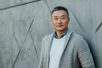Obraz premium Chic Modern Portrait of an Asian Man Against Architectural Backdrop