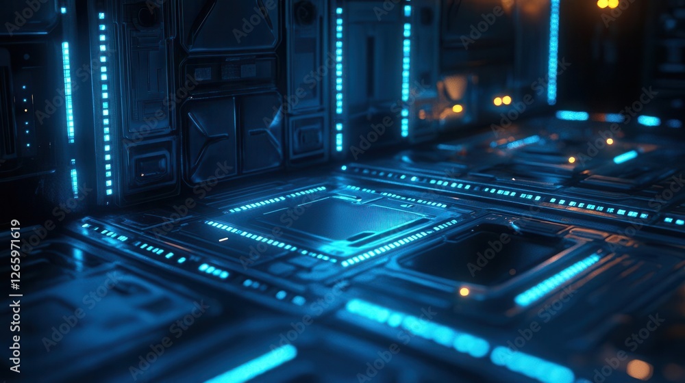 Poster clean blue tech background with glowing circuits and holographic elements for modern digital project