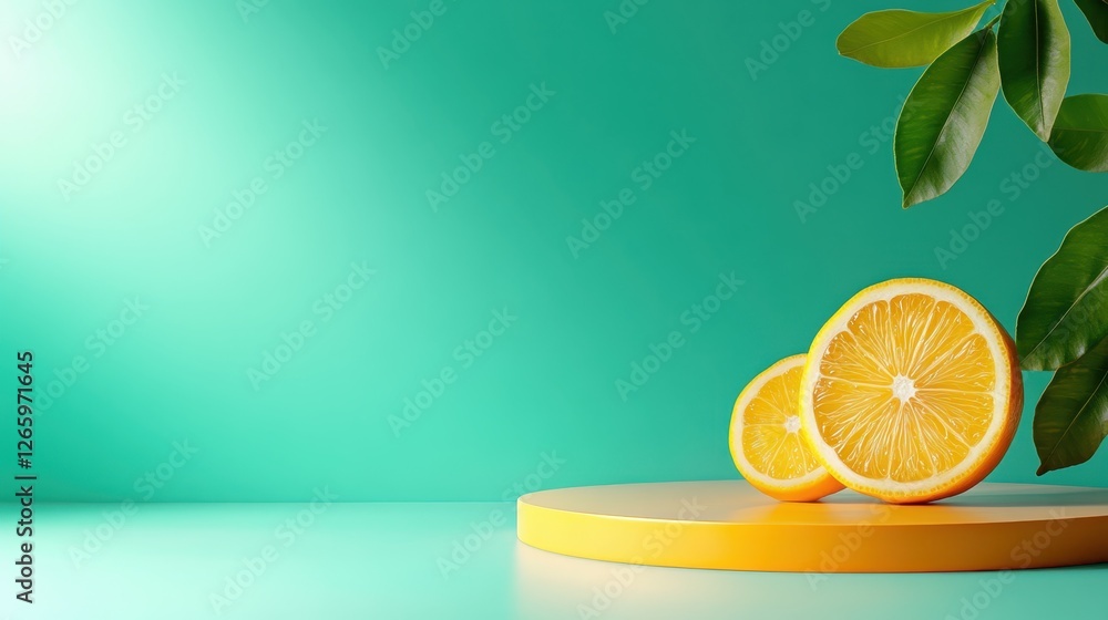 Poster the image features two lemon slices elegantly displayed on a circular pedestal, livening up the turq