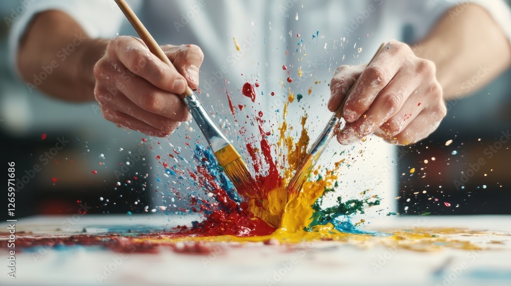 Poster an intense action shot of paint splashing as multiple brushes strike the surface, illustrating the v