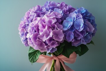 Beautiful bouquet of hydrangeas in shades of purple and blue with green leaves and a pink ribbon