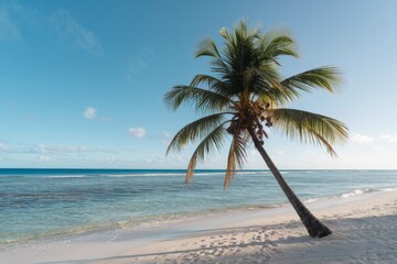 Obraz premium Palm tree on a white sand beach and blue sea, sunny day, summer and vacation concept