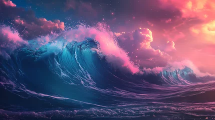 Selbstklebende Fototapeten Awesome abstract wave backgrounds landscapes, skyline, wave and ocean object. Holographic Ocean Waves. Illustration © Thiago