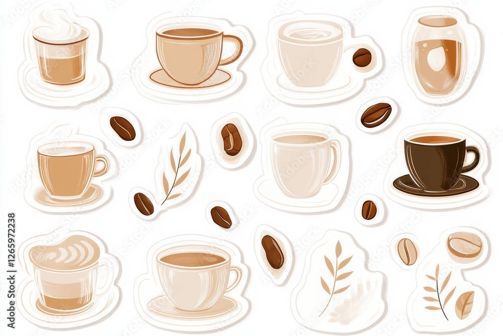 Poster cute style stickers featuring various coffee cups and beans for coffee enthusiasts and creative proj