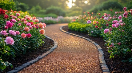 Rose Garden Path Flowers bloom as path winds to sunlit trees. For garden design