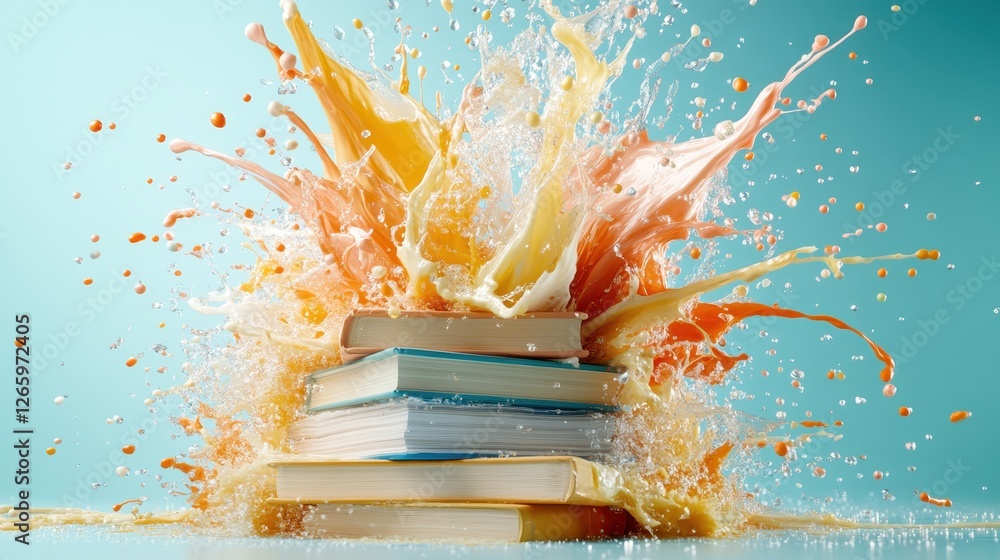 Poster a striking image showcasing an explosion of vibrant colors and water splashes surrounding a stack of