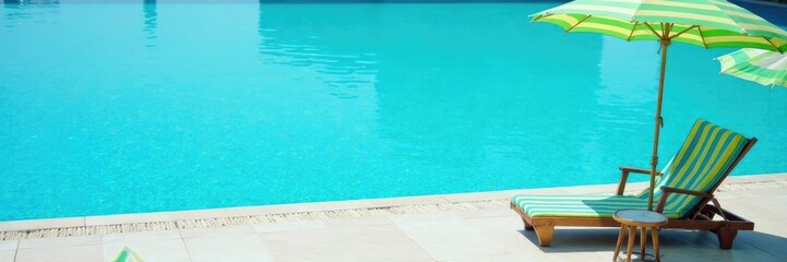 Green and blue striped sun lounger with a matching parasol by the pool, cool, summer, blue