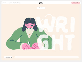 Writing people, modern flat vector concept illustration- sitting woman thoughtfully writing on paper, bubble near head Metaphor for reflection, personal insight, contemplation, creative expression