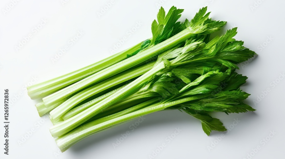 Poster a clean and simple image showcasing a bunch of crisp celery stalks arranged neatly on a white surfac