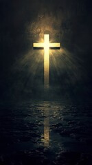 Fototapeta premium Cross shining with light from above, illuminating the darkness below. The background is dark and gloomy. 