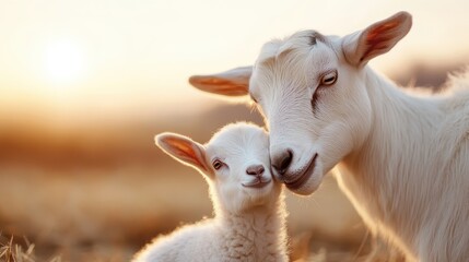 Obraz premium An enchanting image capturing a mother goat and her kid sharing a sweet moment of affection, framed by a lush, sunlit pasture radiating warmth and love.
