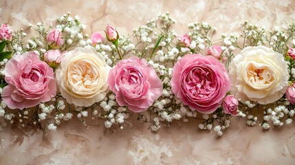 Row of Pink & White Roses with Baby's Breath on Beige Backdrop for Celebrations
