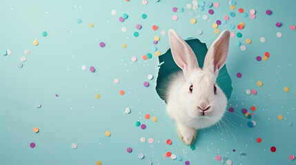 Playful easter bunny with colorful confetti on blue background for festive card or wallpaper design
