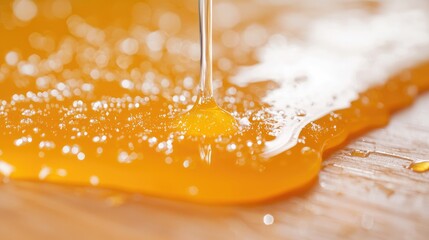Honey pouring onto wood, close-up. Food background