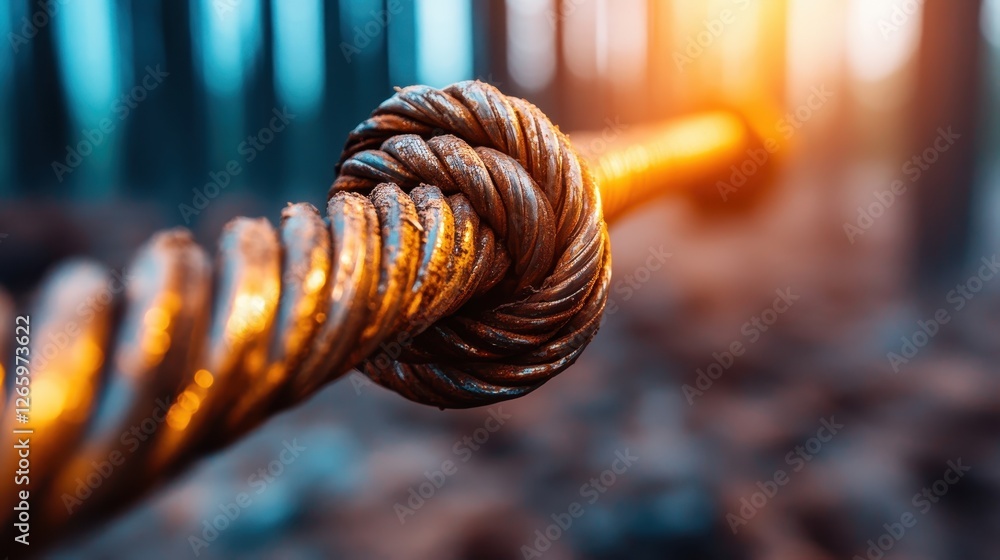 Poster a close-up view of a twisted and knotted rope illuminated by soft sunlight filtering through the tre