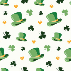 Seamless pattern of hand drawn Irish green hats and shamrocks, on isolated background. Design for St. Patrick’s day celebration, party decoration, scrapbooking, home decor, textile, paper crafts.