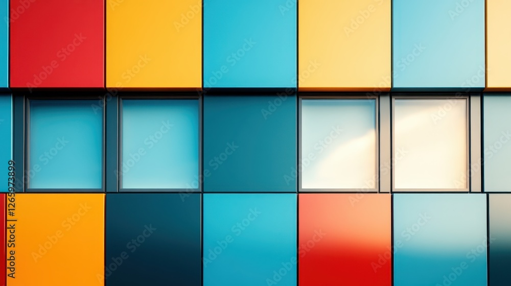 Poster an abstract view of a modern architectural facade showcasing colorful panels in an intriguing geomet