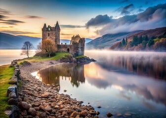 Fototapeta premium Minimalist Loch Ness Castle Ruins: Serene Scottish Shorescape
