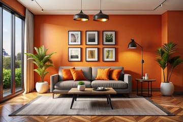 Fototapeta premium Minimalist Mid-Century Modern Living Room with Orange Walls, Art, Sofa & Table
