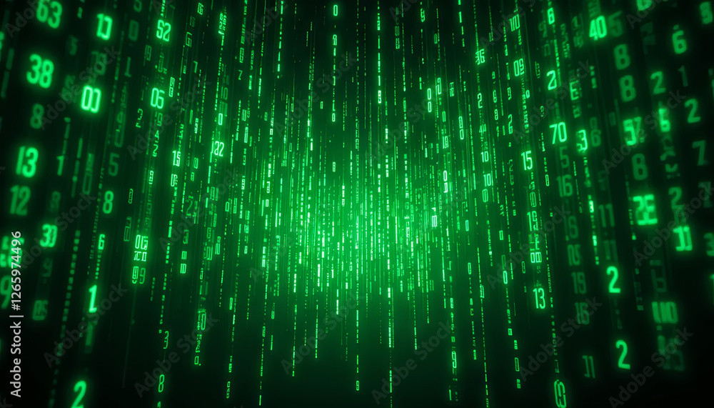 Poster light beams of green digital code cascade downward, forming a tunnel-like structure that immerses vi
