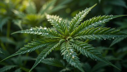 The photograph captures a close-up of vibrant cannabis leaves in a natural environment, glistening with dew droplets in the morning light