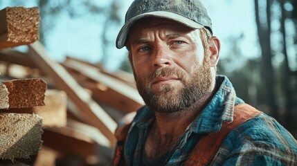 A determined man stands amid stacks of wood at a construction site, exuding strength and concentration as he prepares for the work ahead, embodying the spirit of labor and perseverance.