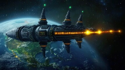 Obraz premium Sci Fi Concept of a Space Station Powered by Advanced Nuclear Fusion, A massive futuristic space station orbiting Earth, fully powered by an advanced nuclear fusion reactor, glowing energy conduits