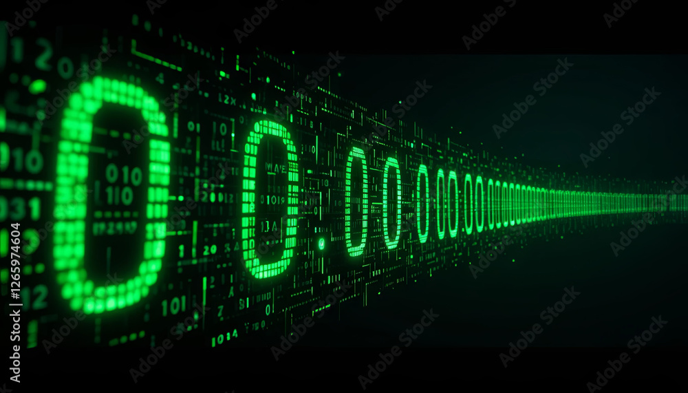 Poster a vibrant display of green binary code flows in a seemingly endless line against a dark background, 