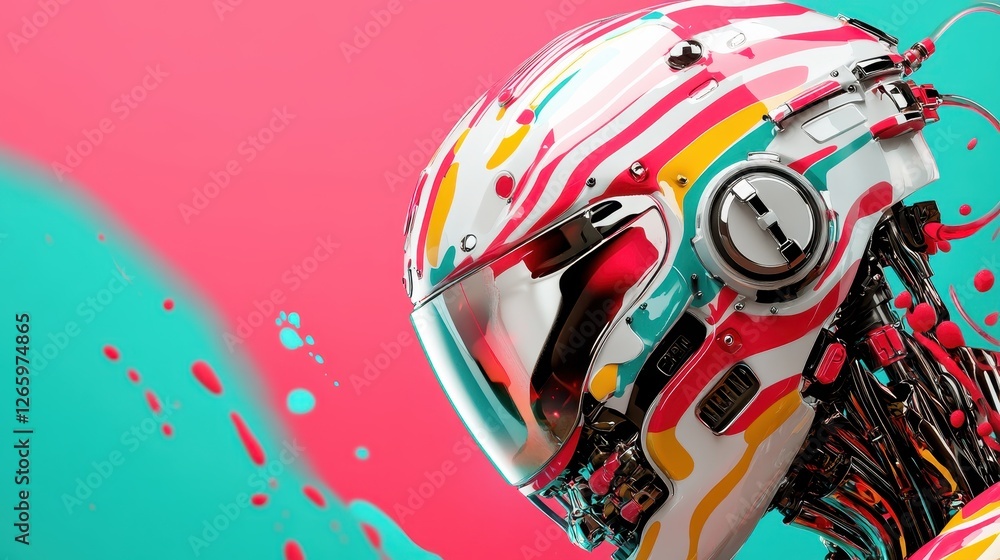 Poster an eye-catching futuristic robot helmet adorned with vibrant and colorful patterns, symbolizing adva