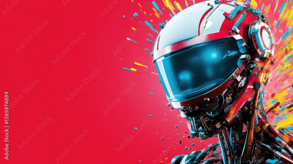 Poster a dynamic metallic robot head with vivid splashes of color, illustrating the fusion of technology an