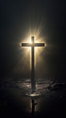 Naklejka premium Cross shining with light from above, illuminating the darkness below. The background is dark and gloomy. 