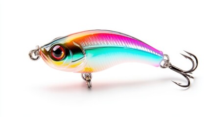 This striking image showcases a colorful fishing lure featuring a vivid iridescent design, perfect for attracting a variety of fish species during fishing excursions.