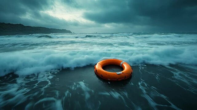 Orange lifebuoy rests on the shore as rough waves crash under a dark, cloudy sky in a coastal area
